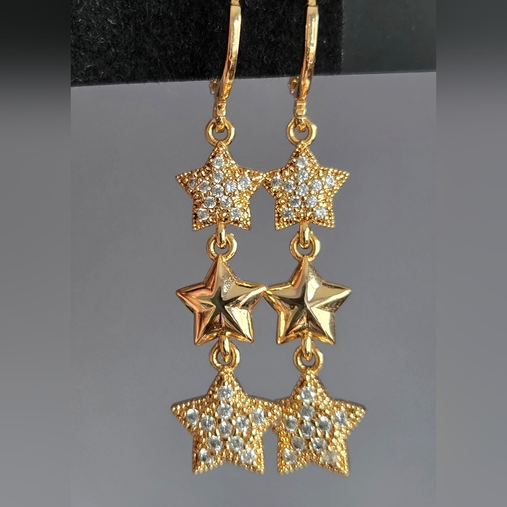 Long Gold Rhinestone Star Dangle Earrings